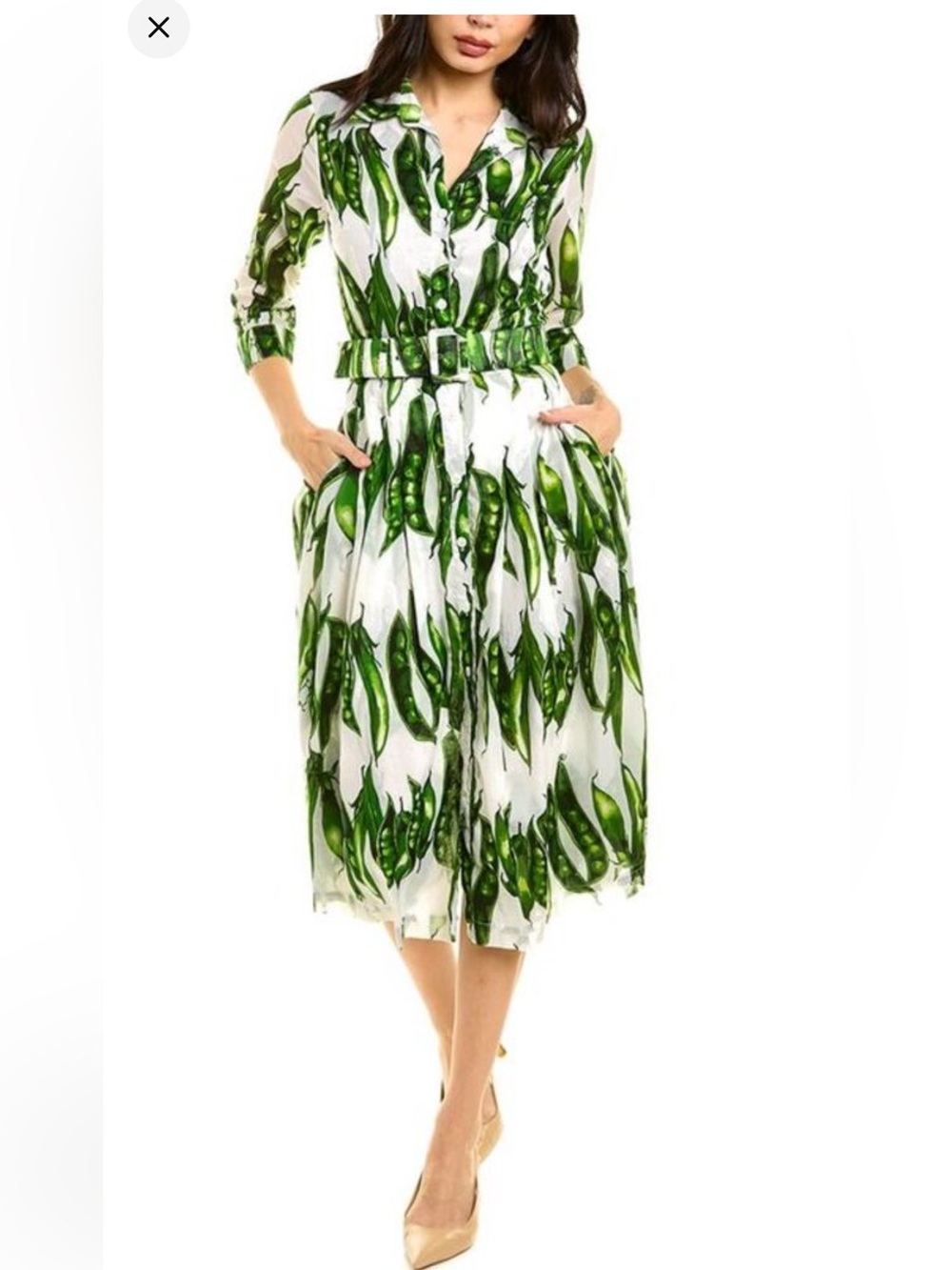 SAMANTHA SUNG White Midi Dress with Green Peapod Print and Matching Belted Waist